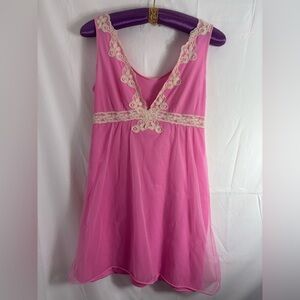 VTG Pink Cream Lace Coquette Babydoll V Neck Chemise Mini Fairy Dress Size M